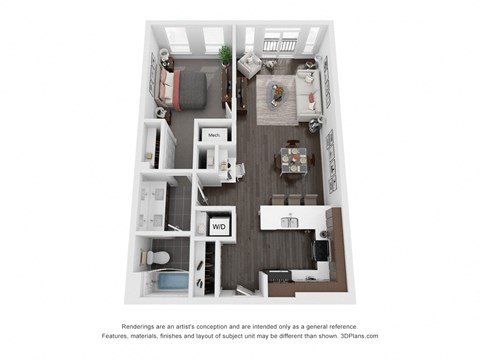 Floor plan for 1 bed, 1 bath, 825 sqft